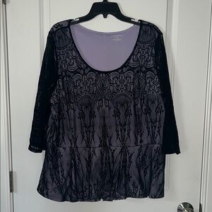 Lane Bryant Black and Purple Lacy 3/4 Sleeve Blouse